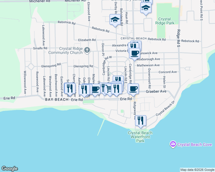 map of restaurants, bars, coffee shops, grocery stores, and more near 318 Cambridge Road West in Fort Erie