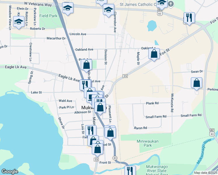map of restaurants, bars, coffee shops, grocery stores, and more near 312 Grand Avenue in Mukwonago