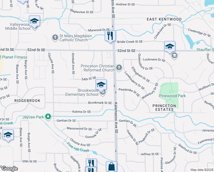 map of restaurants, bars, coffee shops, grocery stores, and more near 5409 Kalamazoo Avenue Southeast in Kentwood