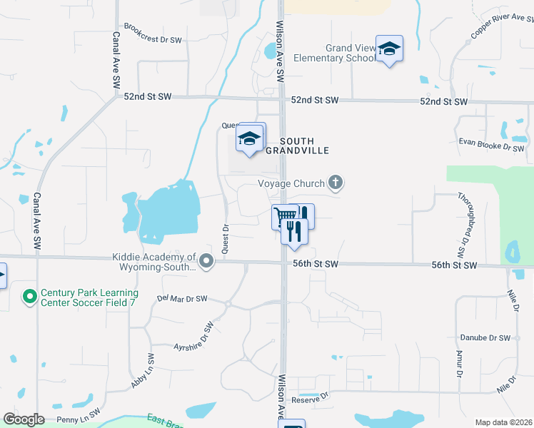 map of restaurants, bars, coffee shops, grocery stores, and more near 5442 Rivertown Circle Southwest in Wyoming