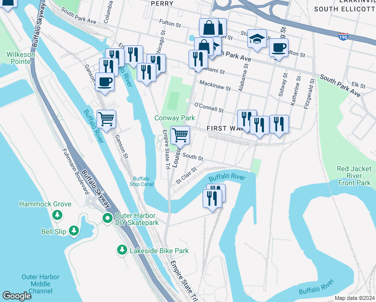 map of restaurants, bars, coffee shops, grocery stores, and more near 67 Kentucky Street in Buffalo