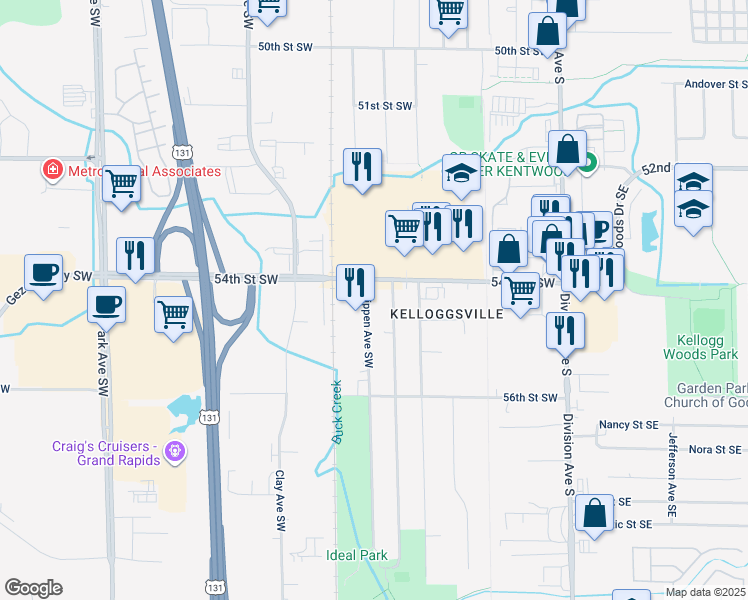 map of restaurants, bars, coffee shops, grocery stores, and more near 5459 Crippen Avenue Southwest in Grand Rapids