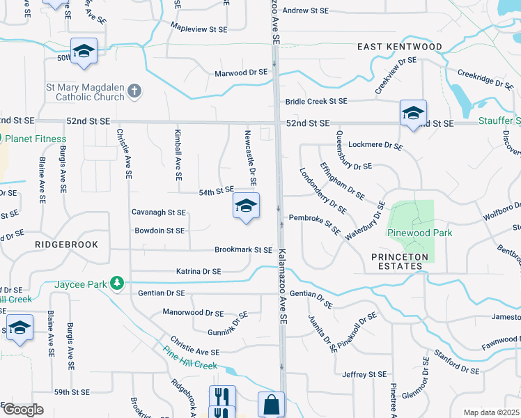map of restaurants, bars, coffee shops, grocery stores, and more near 5409 Kalamazoo Avenue Southeast in Kentwood