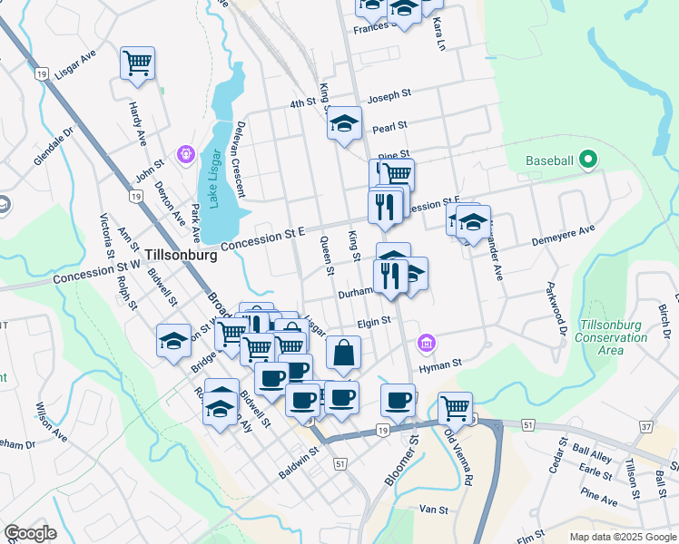 map of restaurants, bars, coffee shops, grocery stores, and more near 75 Bridge Street East in Tillsonburg