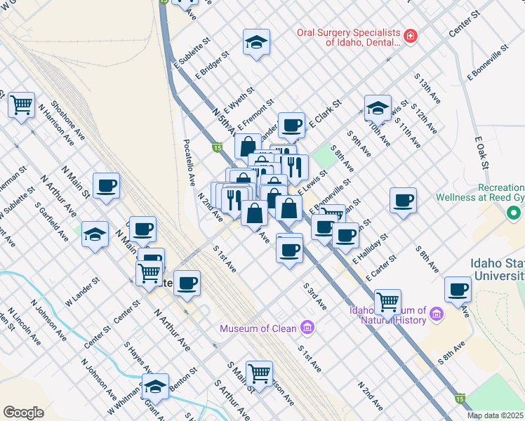 map of restaurants, bars, coffee shops, grocery stores, and more near 123 South 4th Avenue in Pocatello