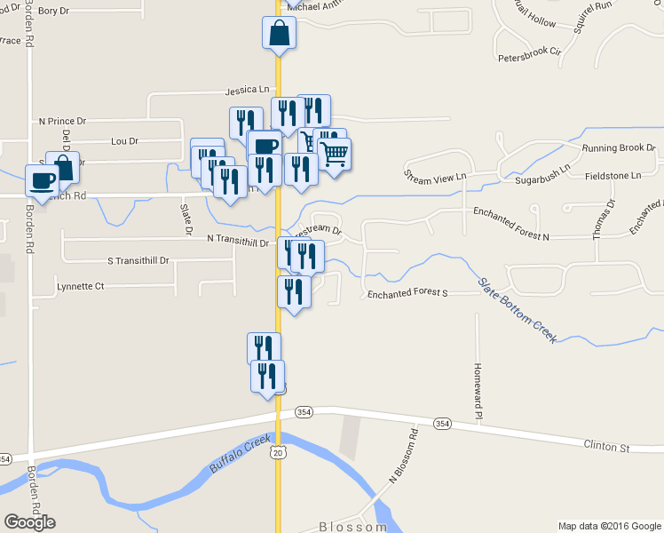 map of restaurants, bars, coffee shops, grocery stores, and more near 114 Slate Bottom Drive in Depew