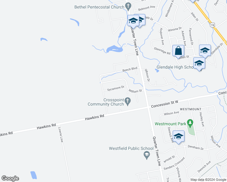 map of restaurants, bars, coffee shops, grocery stores, and more near 21 Sycamore Drive in Tillsonburg