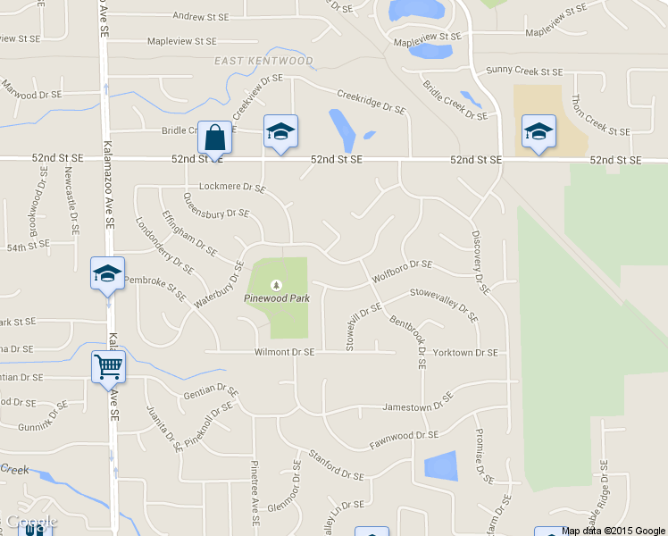 map of restaurants, bars, coffee shops, grocery stores, and more near 2048 Waterbury Drive Southeast in Kentwood