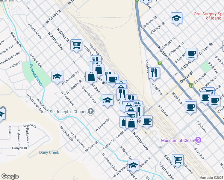 map of restaurants, bars, coffee shops, grocery stores, and more near 511 North Harrison Avenue in Pocatello