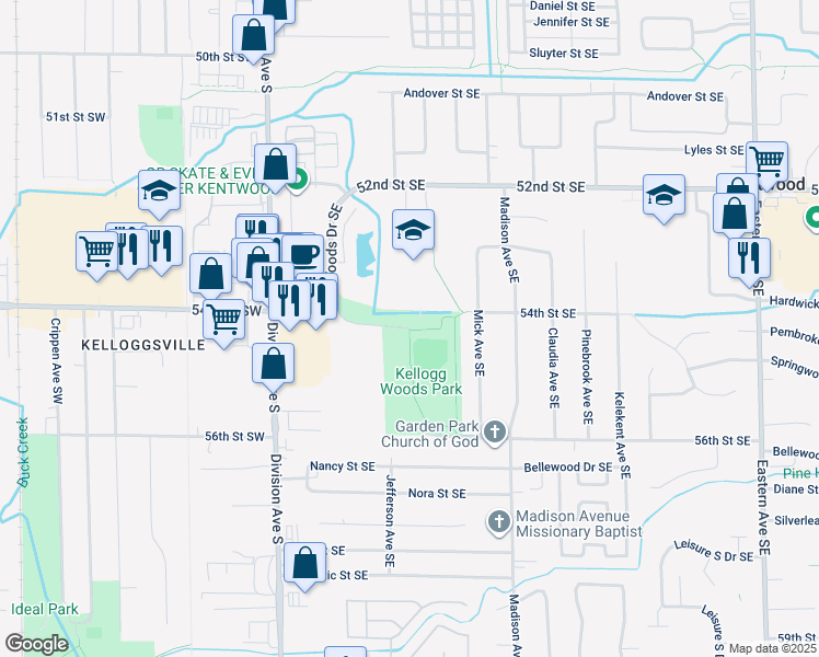 map of restaurants, bars, coffee shops, grocery stores, and more near 181 Kellogg Woods Park Drive Southeast in Kentwood