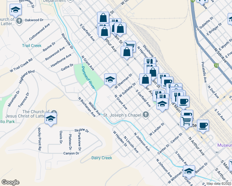 map of restaurants, bars, coffee shops, grocery stores, and more near 834 North Grant Avenue in Pocatello