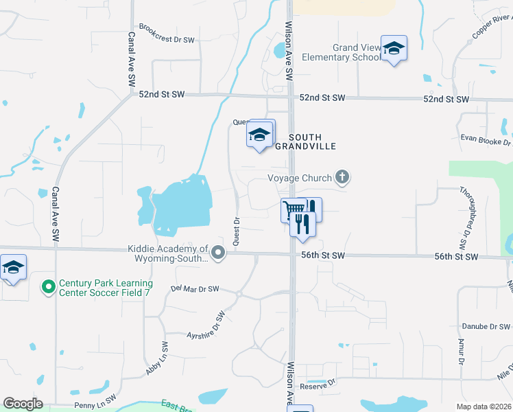 map of restaurants, bars, coffee shops, grocery stores, and more near 5442 Rivertown Circle Southwest in Wyoming