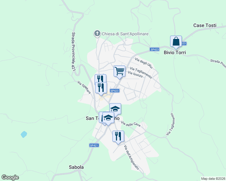 map of restaurants, bars, coffee shops, grocery stores, and more near 20 Via Castel Petroso in San Terenziano