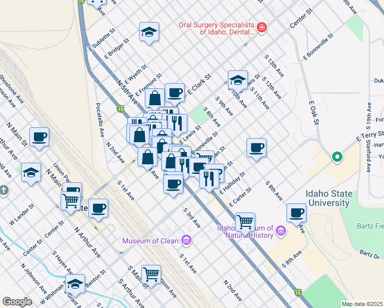 map of restaurants, bars, coffee shops, grocery stores, and more near 624 East Bonneville Street in Pocatello
