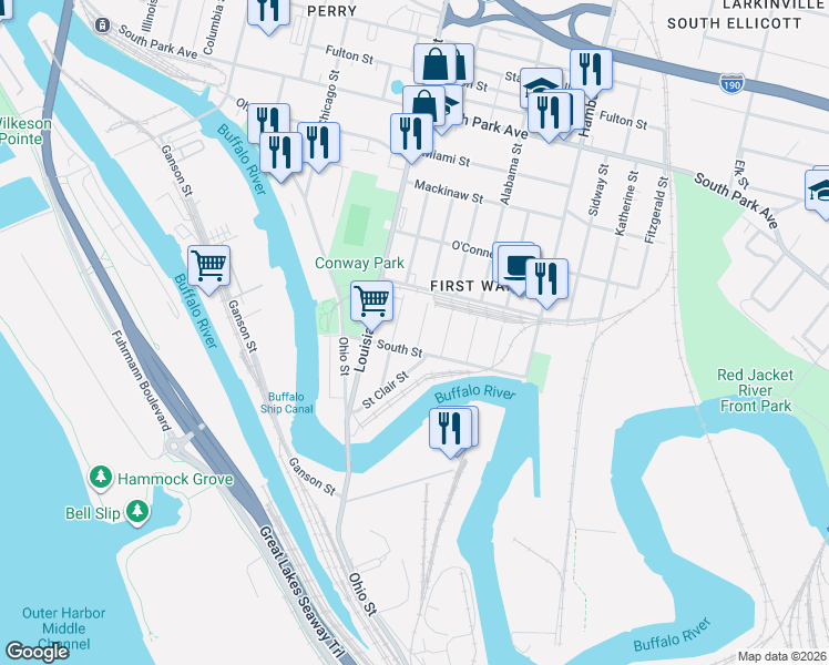 map of restaurants, bars, coffee shops, grocery stores, and more near 67 Kentucky Street in Buffalo