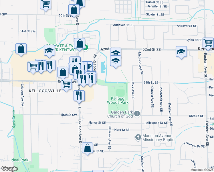 map of restaurants, bars, coffee shops, grocery stores, and more near 150 Kellogg Woods Park Drive Southeast in Kentwood