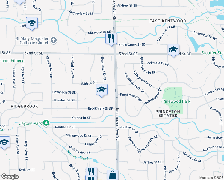 map of restaurants, bars, coffee shops, grocery stores, and more near 5409 Kalamazoo Ave SE in Kentwood