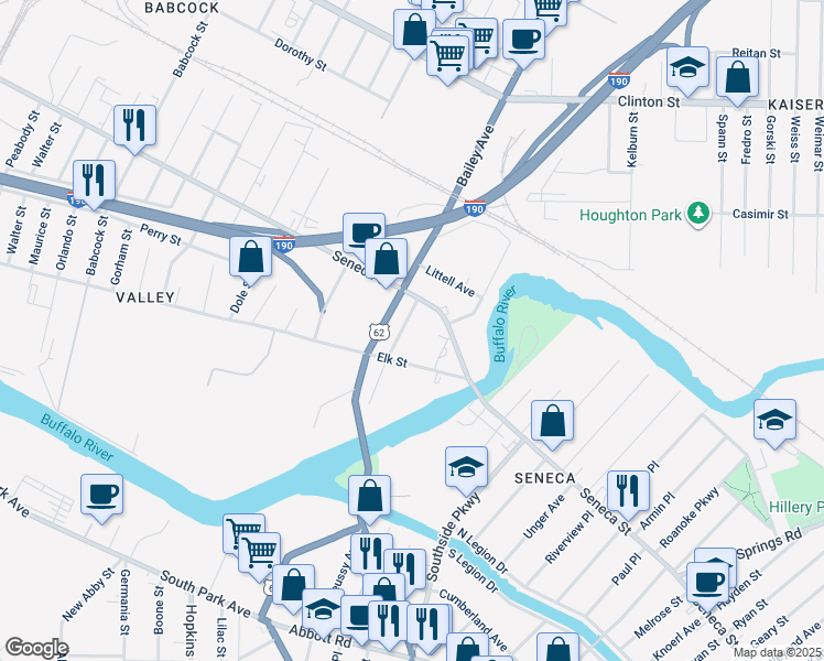 map of restaurants, bars, coffee shops, grocery stores, and more near 33 Keppel Street in Buffalo