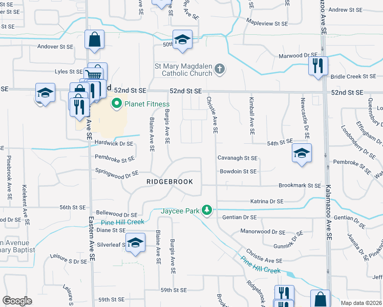 map of restaurants, bars, coffee shops, grocery stores, and more near 5419 Edgelawn Drive Southeast in Kentwood