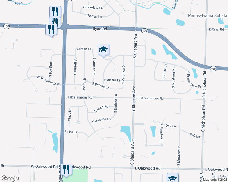 map of restaurants, bars, coffee shops, grocery stores, and more near 495 East Estates Place in Oak Creek