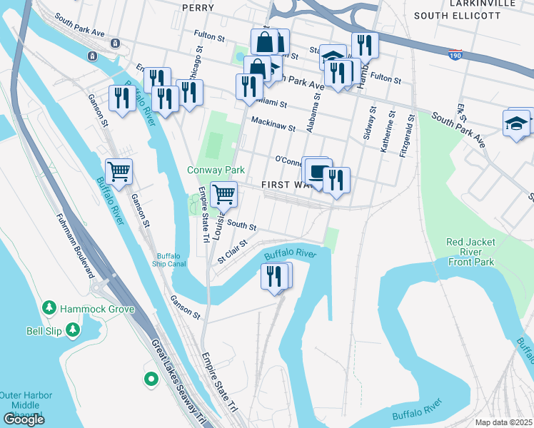 map of restaurants, bars, coffee shops, grocery stores, and more near 22 Vincennes Street in Buffalo