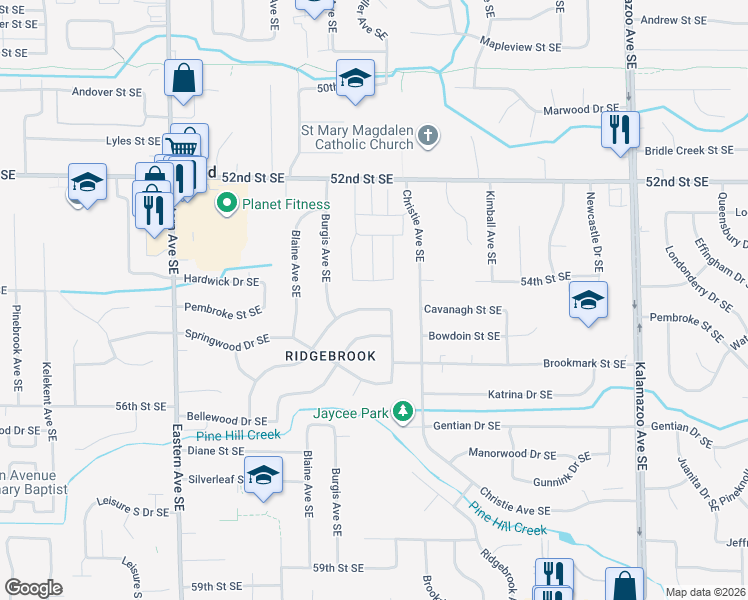 map of restaurants, bars, coffee shops, grocery stores, and more near 5419 Edgelawn Drive Southeast in Kentwood