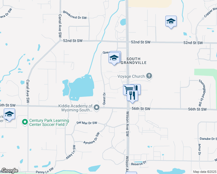 map of restaurants, bars, coffee shops, grocery stores, and more near 5405 Rivertown Circle Southwest in Wyoming