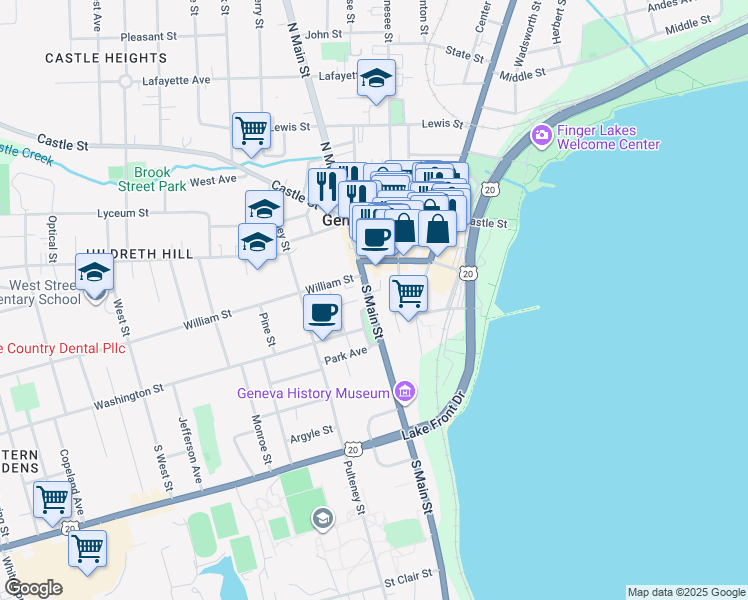 map of restaurants, bars, coffee shops, grocery stores, and more near 417 South Main Street in Geneva