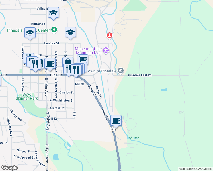 map of restaurants, bars, coffee shops, grocery stores, and more near 66 Skyline Street in Pinedale