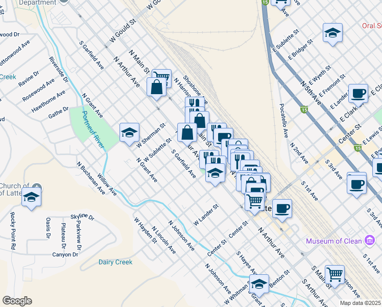 map of restaurants, bars, coffee shops, grocery stores, and more near 629 North Arthur Avenue in Pocatello