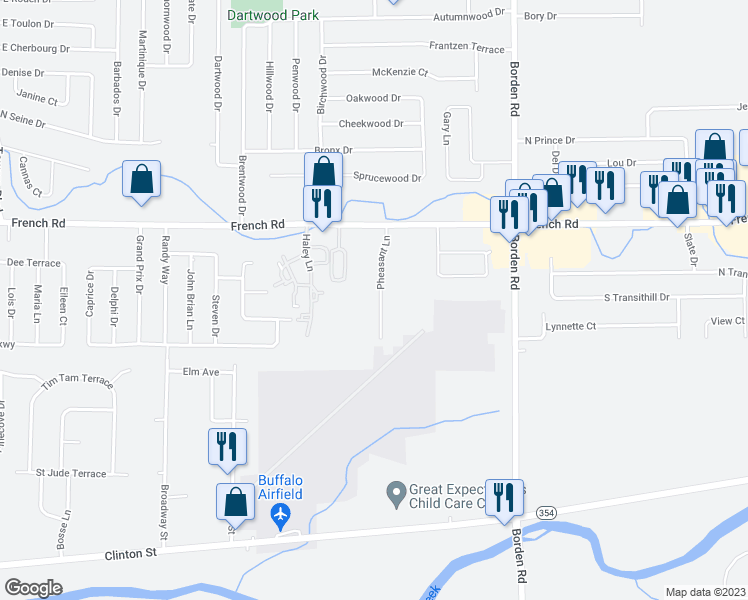 map of restaurants, bars, coffee shops, grocery stores, and more near 56 Pheasant Lane in Buffalo