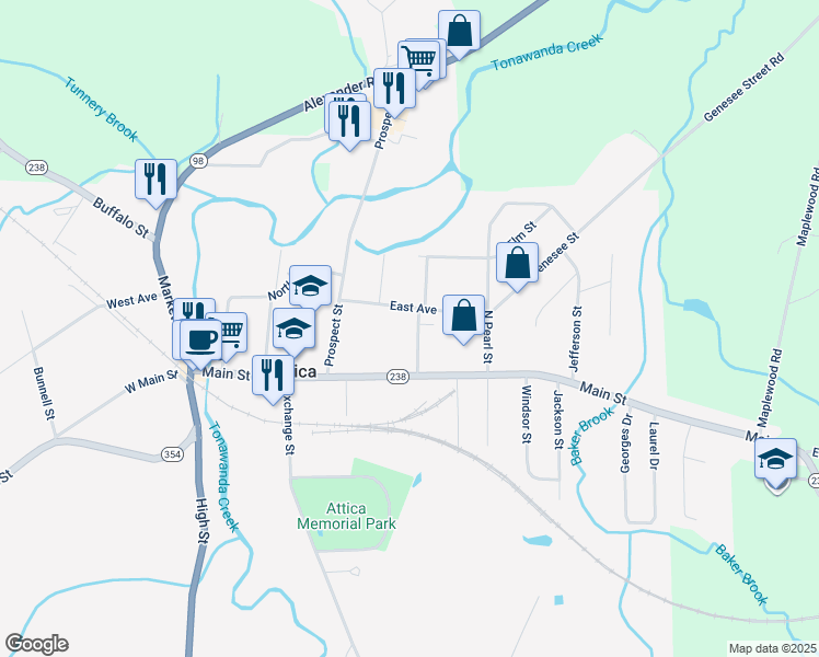 map of restaurants, bars, coffee shops, grocery stores, and more near 27 Walnut Street in Attica