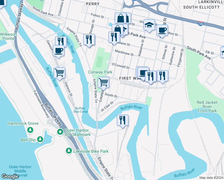 map of restaurants, bars, coffee shops, grocery stores, and more near 67 Kentucky Street in Buffalo