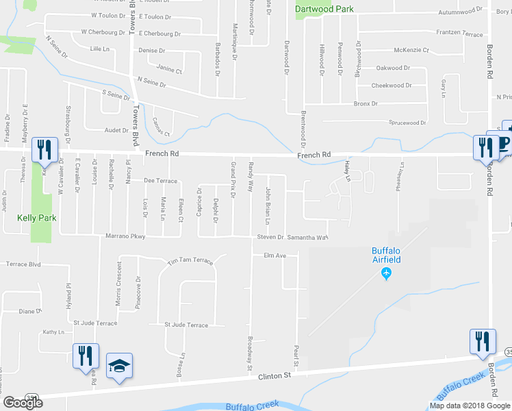 map of restaurants, bars, coffee shops, grocery stores, and more near 63 Randy Way in Buffalo