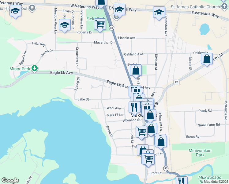 map of restaurants, bars, coffee shops, grocery stores, and more near 318 Gibson Street in Mukwonago