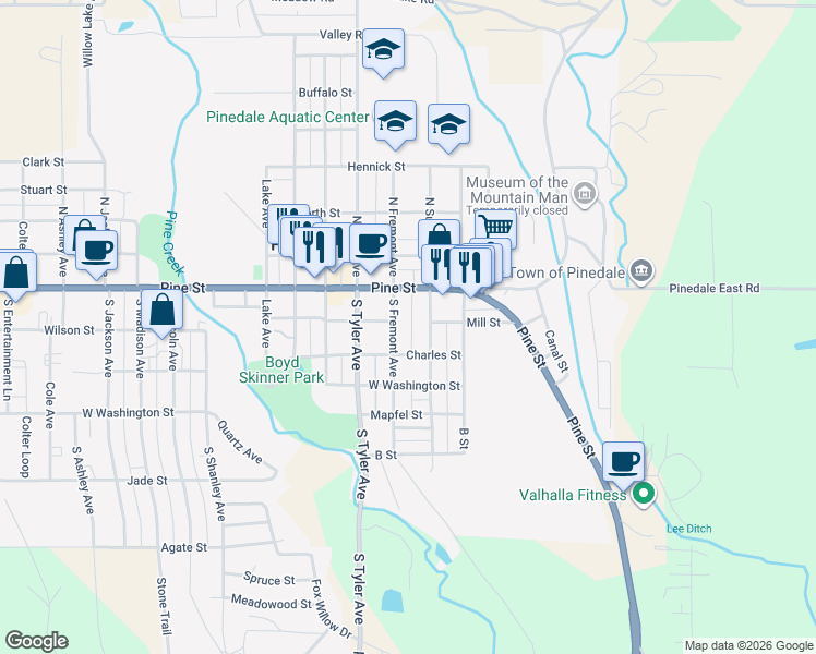 map of restaurants, bars, coffee shops, grocery stores, and more near 107 South Fremont Avenue in Pinedale