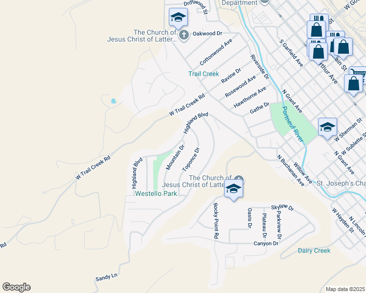 map of restaurants, bars, coffee shops, grocery stores, and more near 22 Mountain Drive in Pocatello