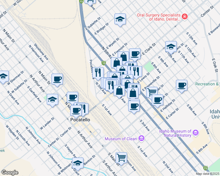 map of restaurants, bars, coffee shops, grocery stores, and more near 151 North 3rd Avenue in Pocatello