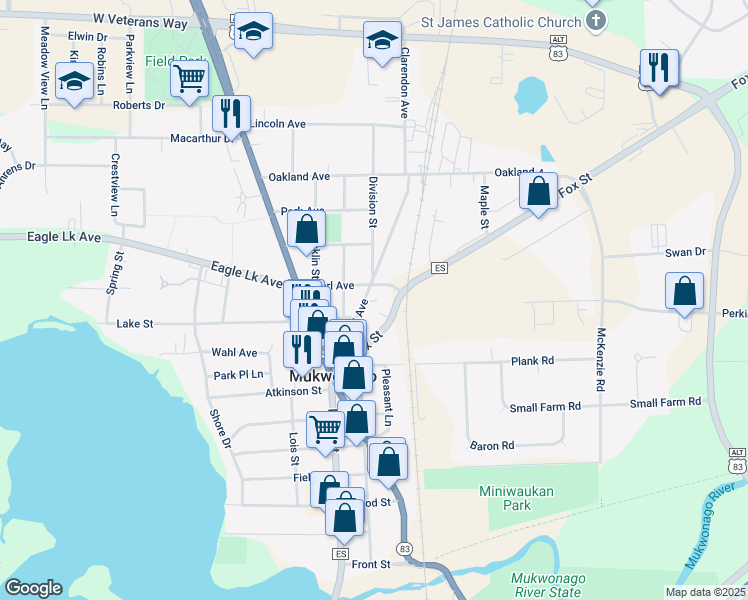 map of restaurants, bars, coffee shops, grocery stores, and more near 312 Grand Ave in Mukwonago