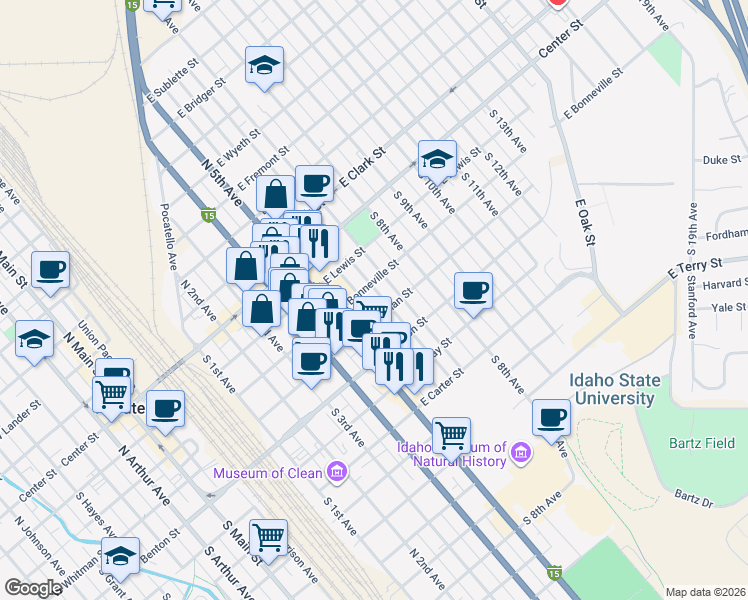map of restaurants, bars, coffee shops, grocery stores, and more near 330 South 6th Avenue in Pocatello