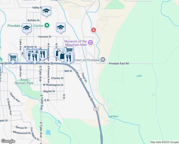 map of restaurants, bars, coffee shops, grocery stores, and more near 66 Skyline Street in Pinedale