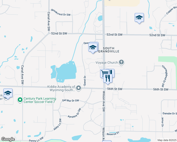 map of restaurants, bars, coffee shops, grocery stores, and more near 5405 Rivertown Circle Southwest in Wyoming