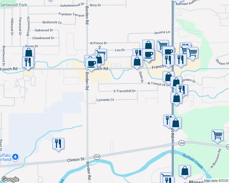 map of restaurants, bars, coffee shops, grocery stores, and more near 113 South Transithill Drive in Depew