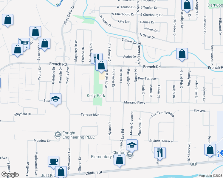 map of restaurants, bars, coffee shops, grocery stores, and more near 70 East Cavalier Drive in Buffalo
