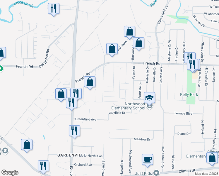map of restaurants, bars, coffee shops, grocery stores, and more near 85 Garden Village Drive in Cheektowaga