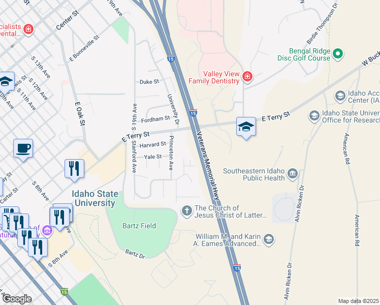 map of restaurants, bars, coffee shops, grocery stores, and more near 52 Temple Avenue in Pocatello
