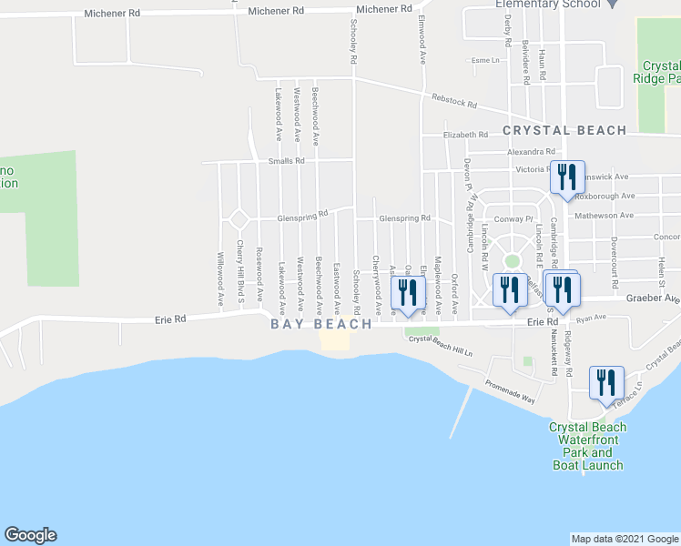 map of restaurants, bars, coffee shops, grocery stores, and more near 356 Eastwood Avenue in Fort Erie
