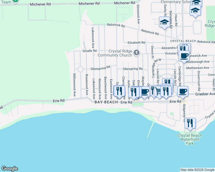 map of restaurants, bars, coffee shops, grocery stores, and more near 356 Eastwood Avenue in Fort Erie