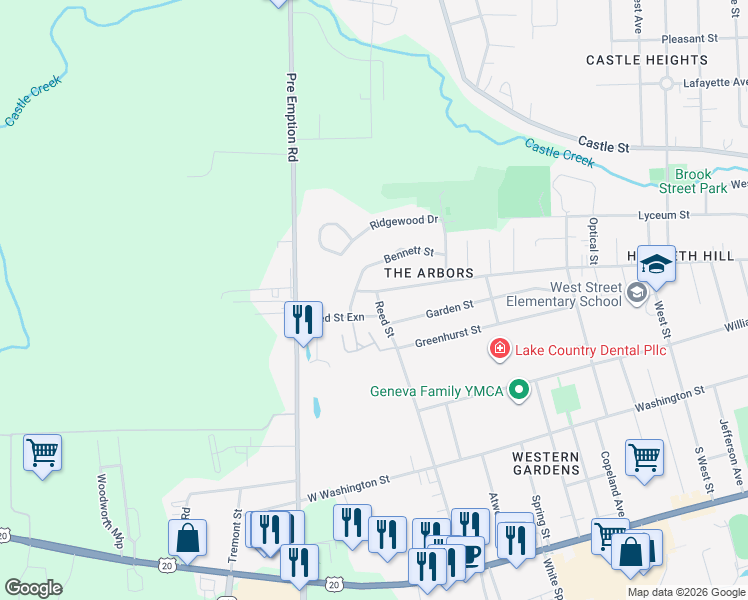 map of restaurants, bars, coffee shops, grocery stores, and more near 261 Reed Street in Geneva