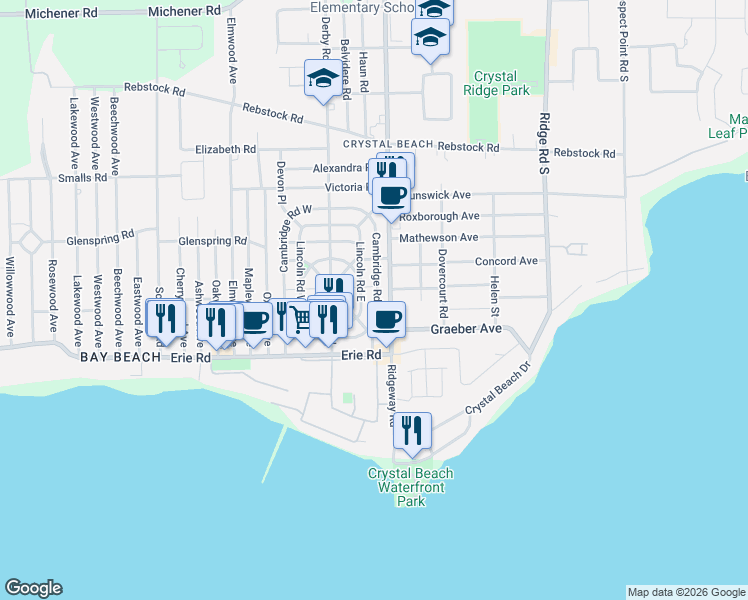 map of restaurants, bars, coffee shops, grocery stores, and more near 365 Ridgeway Road in Fort Erie